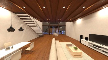 Oturma odasının gece görüşlü 3D görüntüsü