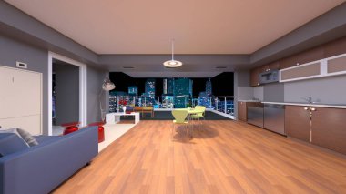 Oturma odası ve yemek mutfağının 3 boyutlu canlandırması