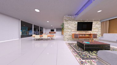 Oturma odasının gece görüşlü 3D görüntüsü