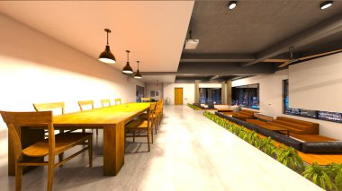 Oturma odasının ve yemek odasının gece görüşlü 3 boyutlu görüntüsü.