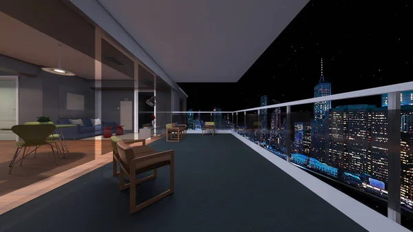 带夜景的阳台3D渲染 — 图库照片