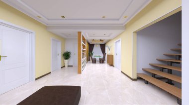 Oturma odası ve yemek odasının 3 boyutlu canlandırması