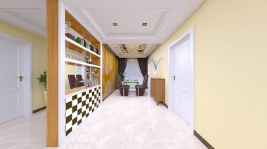 Oturma odası ve yemek odasının 3 boyutlu canlandırması