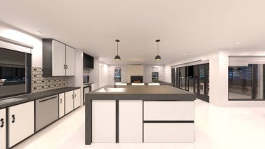 Oturma odasının ve yemek odasının gece görüşlü 3 boyutlu görüntüsü.