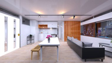 Oturma odasının ve yemek odasının gece görüşlü 3 boyutlu görüntüsü.