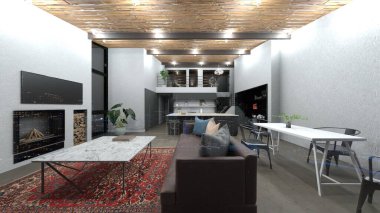 Oturma odasının ve yemek odasının gece görüşlü 3 boyutlu görüntüsü.