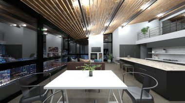 Oturma odasının ve yemek odasının gece görüşlü 3 boyutlu görüntüsü.