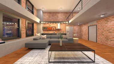 Oturma odasının gece görüşlü 3D görüntüsü