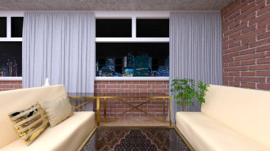 Oturma odasının gece görüşlü 3D görüntüsü