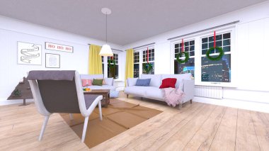 Noel ağacıyla oturma odasının 3 boyutlu canlandırması