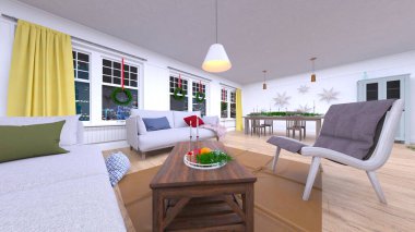 Noel ağacıyla oturma odasının 3 boyutlu canlandırması