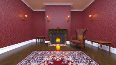 Oturma odasının şömineli 3D görüntüsü.