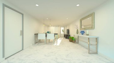 Oturma odası ve yemek odasının 3 boyutlu canlandırması