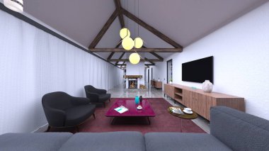 Oturma odası ve yemek odasının 3 boyutlu canlandırması