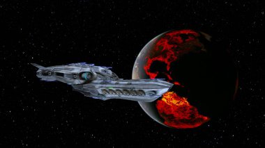 3D rendering of a spaceship and the planet