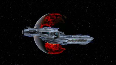 3D rendering of a spaceship and the planet
