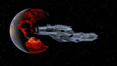 3D rendering of a spaceship and the planet
