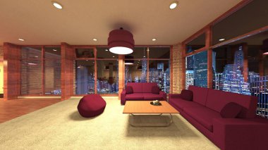 Oturma odasının gece görüşlü 3D görüntüsü