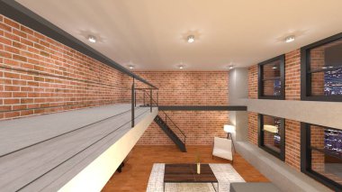 Oturma odası ve yemek odasının tuğla duvarlı 3 boyutlu görüntüsü.