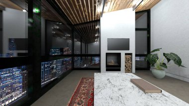 Oturma odasının gece görüşlü 3D görüntüsü