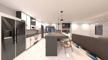 Oturma odası ve yemek mutfağının 3 boyutlu canlandırması