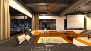 Oturma odasının ve yemek odasının gece görüşlü 3 boyutlu görüntüsü.