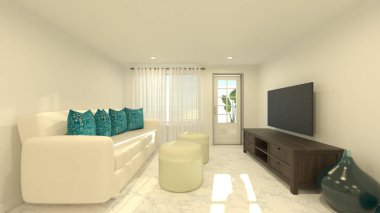 Oturma odası ve yemek odasının 3 boyutlu canlandırması 