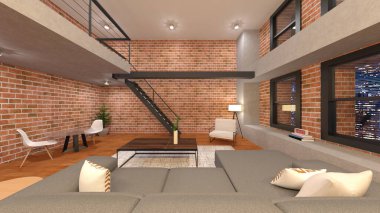 Oturma odasının gece görüşlü 3D görüntüsü