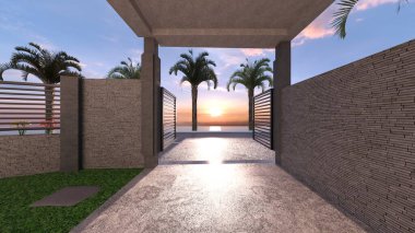 Sahile giden bir geçidin 3 boyutlu görüntüsü.