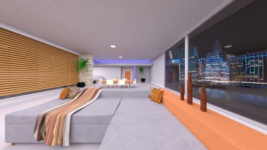 Oturma odasının gece görüşlü 3D görüntüsü