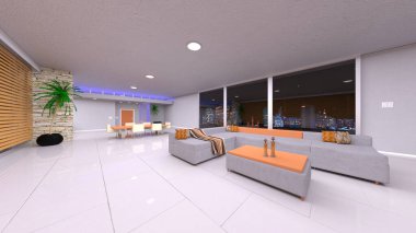 Oturma odasının gece görüşlü 3D görüntüsü