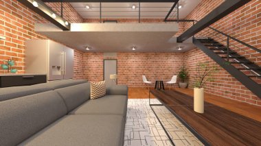 Oturma odası ve yemek odasının tuğla duvarlı 3 boyutlu görüntüsü.