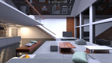 Oturma odası ve yemek odasının 3 boyutlu canlandırması