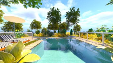 Evin yüzme havuzlu 3D görüntüsü