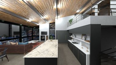 Oturma odasının ve yemek odasının gece görüşlü 3 boyutlu görüntüsü.