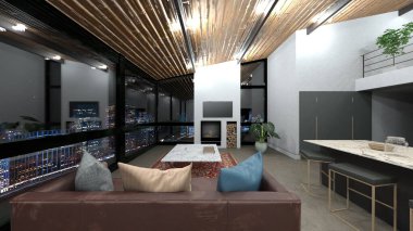 Oturma odasının ve yemek odasının gece görüşlü 3 boyutlu görüntüsü.