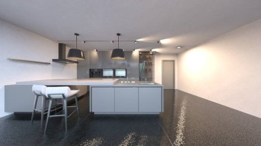 Oturma odası ve yemek mutfağının 3 boyutlu canlandırması