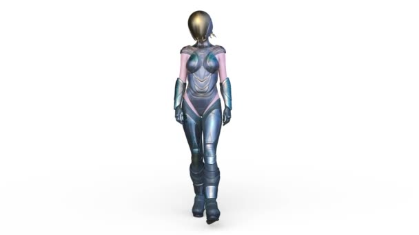 顔を下に歩くサイバー女性の3Dレンダリング — ストック動画
