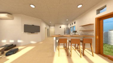 Oturma odası ve yemek mutfağının 3 boyutlu canlandırması