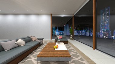 Oturma odasının gece görüşlü 3D görüntüsü