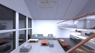 Oturma odası ve yemek mutfağının 3 boyutlu canlandırması