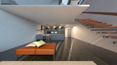 Oturma odası ve yemek mutfağının 3 boyutlu canlandırması