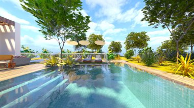 Evin yüzme havuzlu 3D görüntüsü
