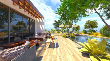 Evin yüzme havuzlu 3D görüntüsü