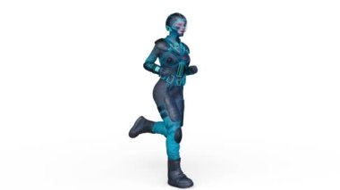 Koşan bir siber kadının 3 boyutlu canlandırması