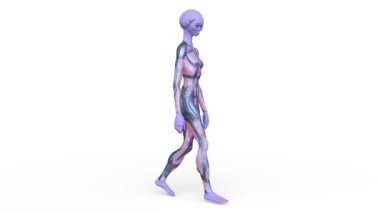 3D rendering of a female alien walking face down