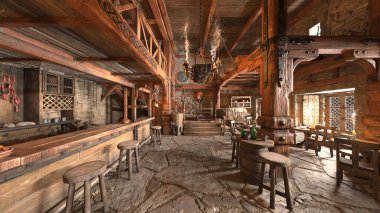 3D rendering of the bar with wooden interior