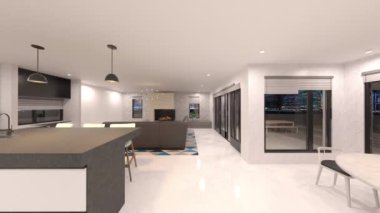 Oturma odasının ve yemek odasının gece görüşlü 3 boyutlu görüntüsü.