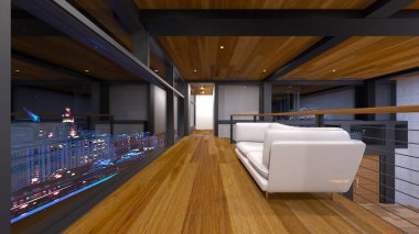 Oturma odasının ve yemek odasının gece görüşlü 3 boyutlu görüntüsü.