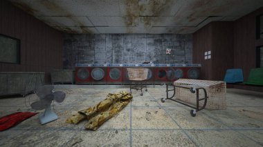 Terk edilmiş çamaşır odasının 3 boyutlu görüntüsü